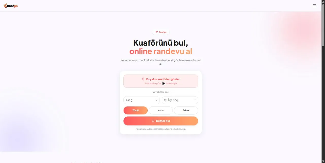 Kuafgo ana sayfa ekran görüntüsü