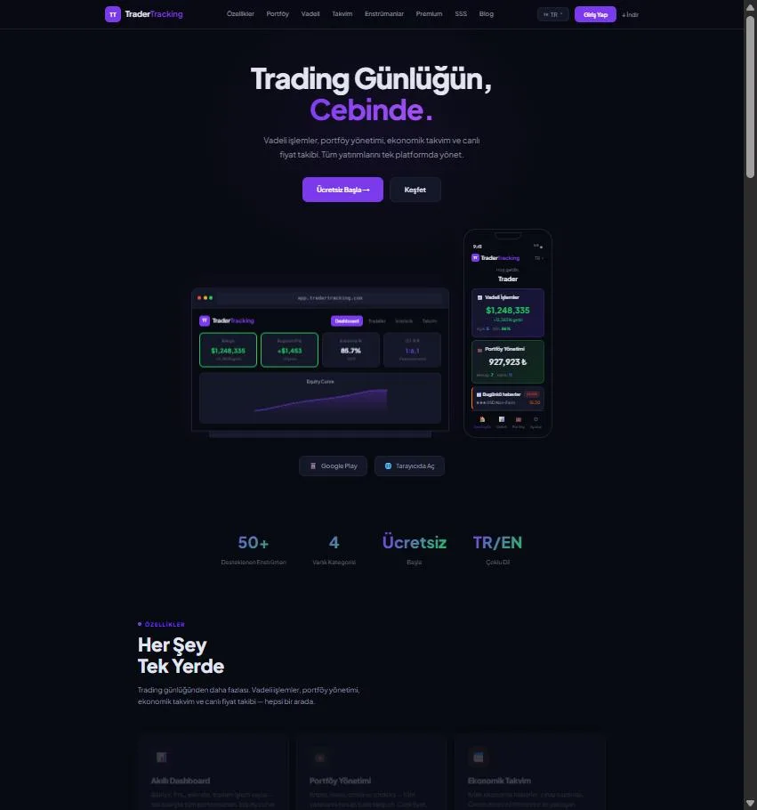 TraderTracking ana sayfa ekran görüntüsü
